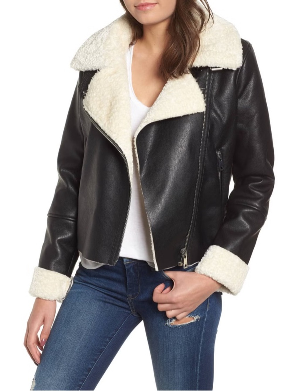 Blank NYC Black Jacket with Cream Faux Shearling Trim